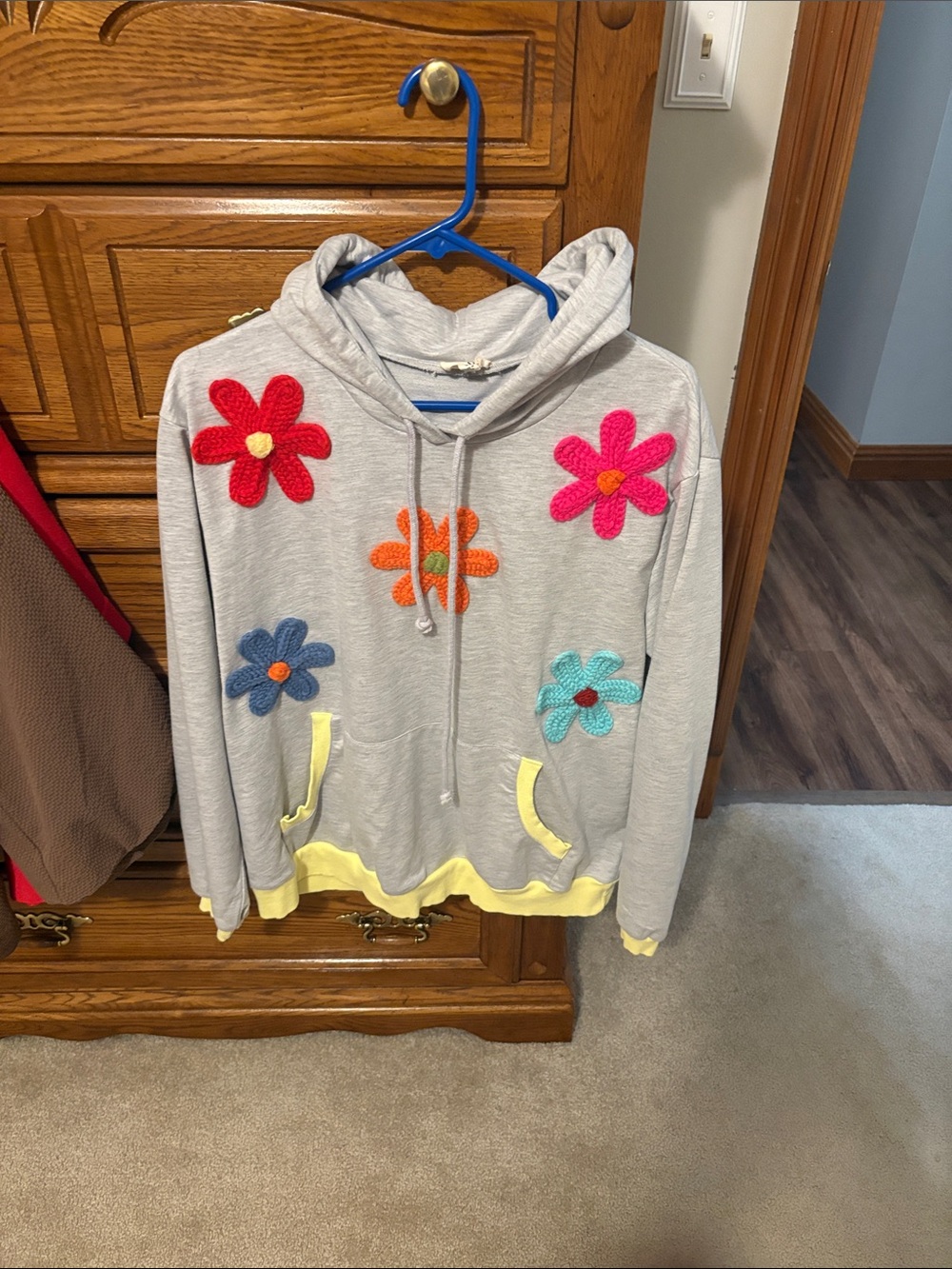 BiBi Light Gray Hoodie Sweater with Multicolor Floral Appliqués